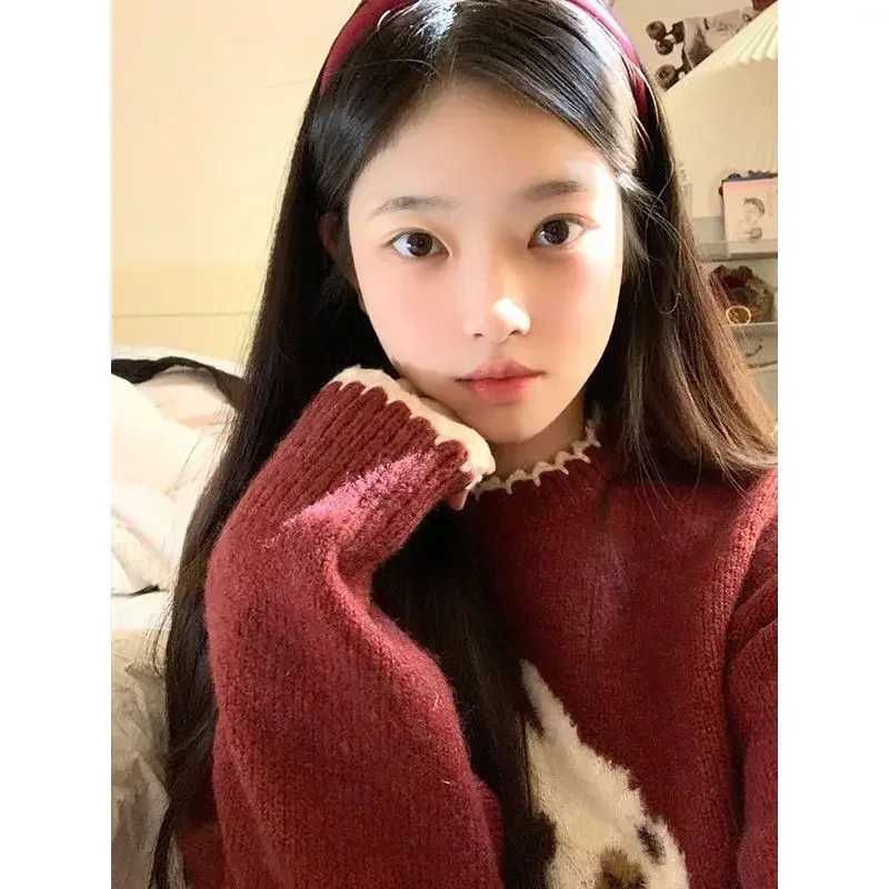 Красный новогодний сладкий кролик с принтом и круглым вырезом Kawaii женский