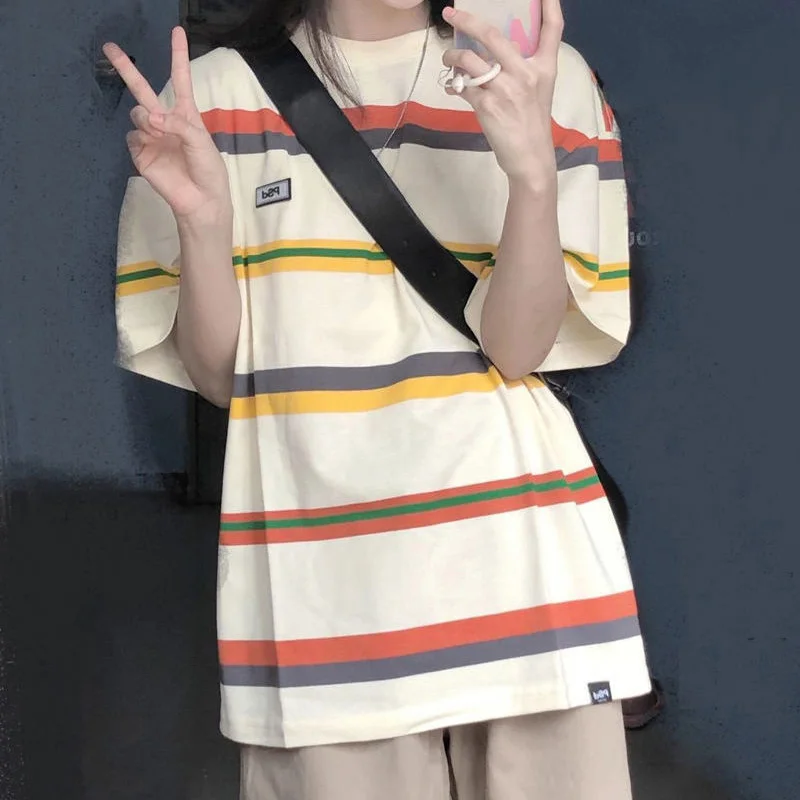 

Женская футболка в полоску, с коротким рукавом, большого размера