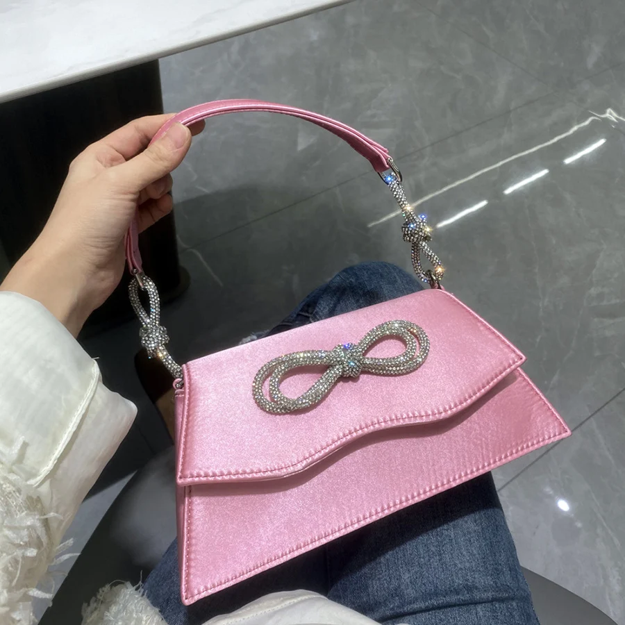 Luxury Shiny Women's Bag 2023 New Diamond Handbags Bowknot Satin Underarm Bag Soild Color Shoulder Bag Party Dinner Bags Bolsas