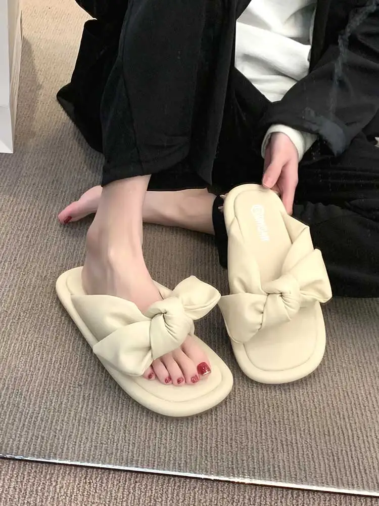 

Shoes Woman 2023 Slippers Soft Butterfly-Knot Luxury Slides Low Shale Female Beach Pantofle Comfort Designer Flat Sabot New Casu