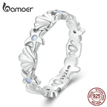 Bamoer 925 스털링 실버 오팔 불가사리 및 쉘 핑거 링, 플래티넘 도금, 여성용 트렌디 파인 쥬얼리 BSR430