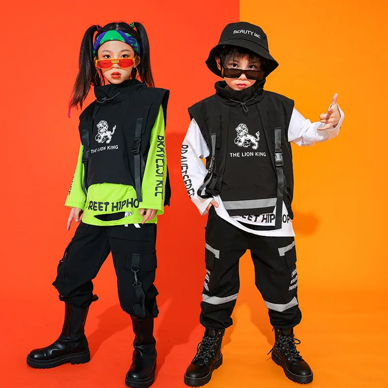 

Boy Hip Hop Girl High Collar Vest Cargo Pants Outfits Child Sweatshirt Joggers Street Dance Kids Waistcoat Streetwear Costumes