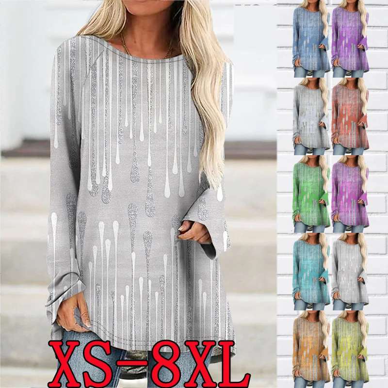 

2022 Women's Autumn Winter Casual New Printing Long Sleeve Print Round NeckLoose Size Tee Shirt XS-8XL