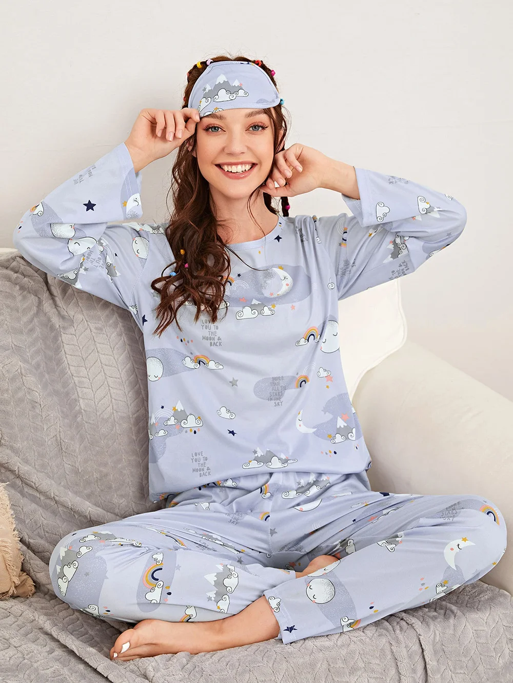 

Women's Cartoon Graphic PJ Set & Eye Cover Sleepwear Pants Spring Ladies Long Sleeve Pijama Set Homewear Lougewear Underwear