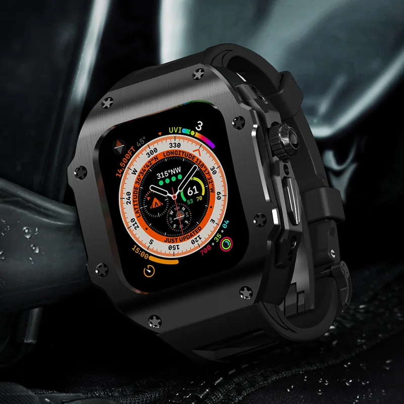 45MM Luxury Stainless Steel Case for Apple Watch Series Ultra 49mm Modification Kit for IWatch 8 7 6 5 Se 4 Fluororubber Strap