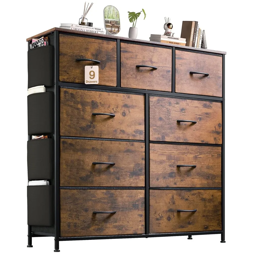 

9 Drawer Dresser, Chest of Drawers for Bedroom , Fabric Dresser with Side Pockets for Closet Durable Easy Assemble