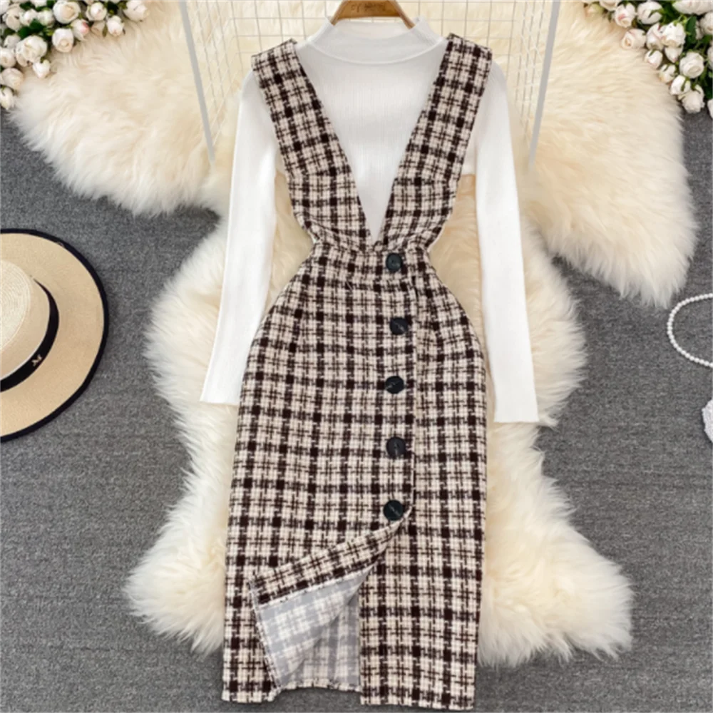 

Шерстяное клетчатое платье, осенне-зимнее новое платье на бретелях, свитер из двух предметов, Топ