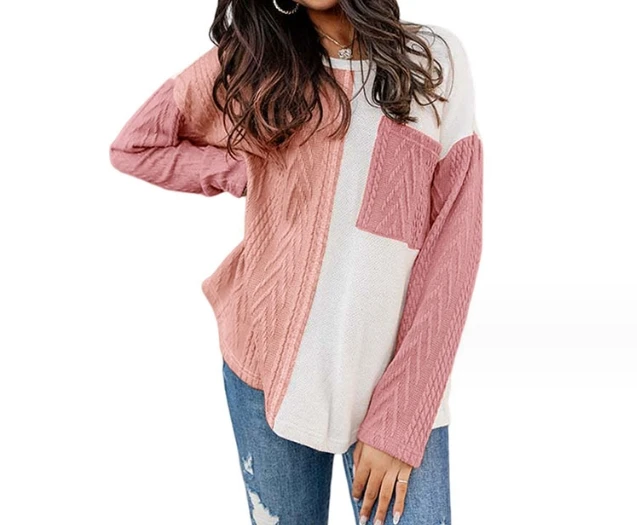 

Women's Sweater 2023 Autumn Clothing Round Neck Long Sleeve Colorblock Pocket Design Cable Knit Pullover Casual Versatile Jumper