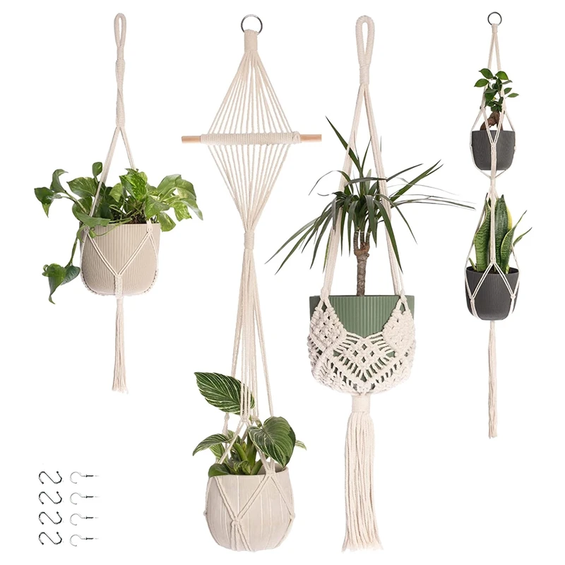

4-Pack Macrame Plant Hanger - Hanging Planter Indoor Outdoor - Hanging Plant Holder - Decorative Bohemian Plant Hangers