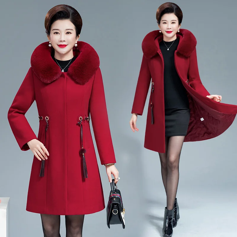 Winter Jacket Women Hooded Coat Fur Collar Wool Coat Casual Female Medium-length Coat Vintage Oversize Outwear