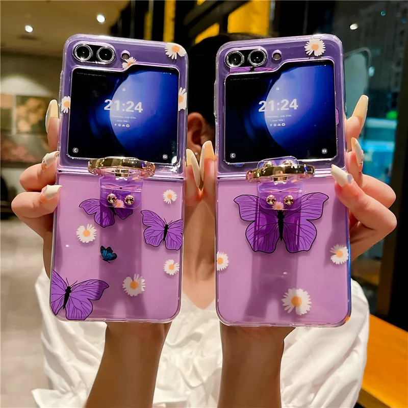 

Ring Purple Butterfly Phone Case For Samsung Galaxy Z Flip 5 4 3 5G PC Protective Flip5 Flip4 Flip3 Cover