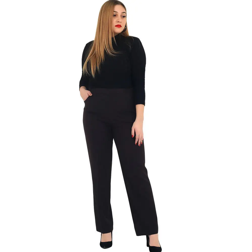 Fvido women large size trousers CcHisar fabric high elastic waist flat leg pocket black brown navy blue mink