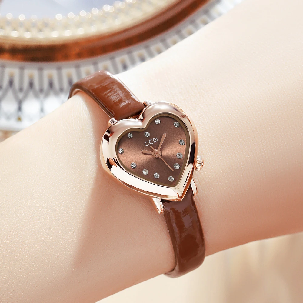 GEDI New Love Shaped Ultra-thin Women Watches Luxury Brand Waterproof Leather Strap Ladies Fashion Quartz Wristwatch Woman Clock