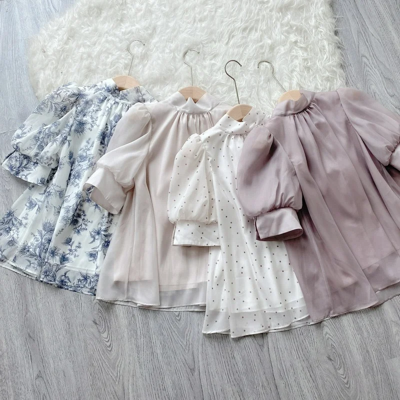 

Palace Style Japanese Sweet Shirts 2023 Summer New Women Half Puff Sleeve Blouse Lace Up Collar Solid Dot Mujer Blusa