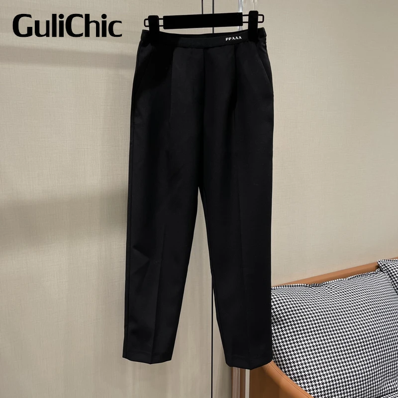 12.16 GuliChic Women Comfortable Casual Letter Print Pleated Elastic Waist Side Zipper Black Straight Pants