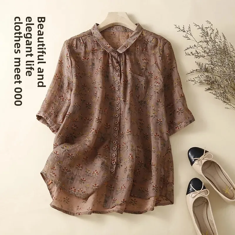 Лето 2022 новая рубашка из конопли цветочного цвета женская свободная со средним