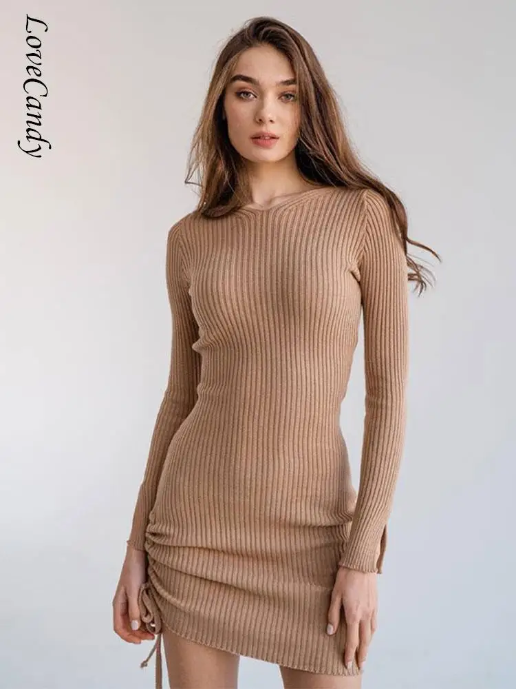 

Women Fashion Ribbed Drawstring Knitted Mini Dress Solid O Neck Long Sleeve Slim Dresses 2023 Summer Female Sexy Bodycon Robes