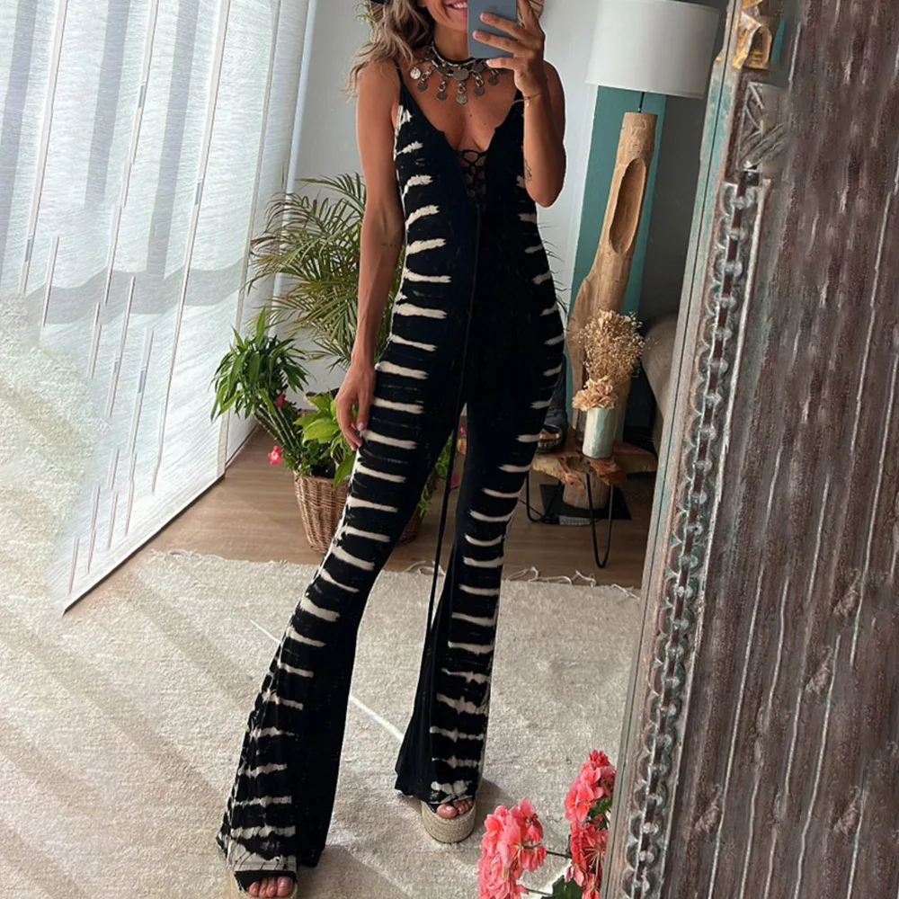

Flare Pants Romper Onepieces Women Elegant Summer Print Jumpsuit Overalls Casual Strap Sleeve Bandage V Neck High Waist Corset