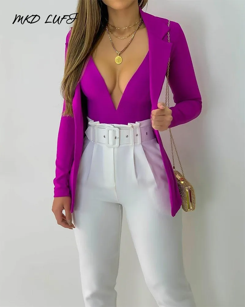 

MKDLUFI Plunging Neck Skinny Bodysuit & Lapel Collar Blazer Set