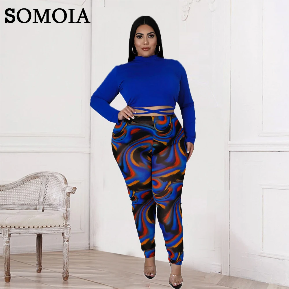 

Plus Size Women's Clothing L-5XL Oversize Fitness Suits Fashion Print Two Piece Set Elastic Pant Sets Sexy Crop Top Woman Outfit