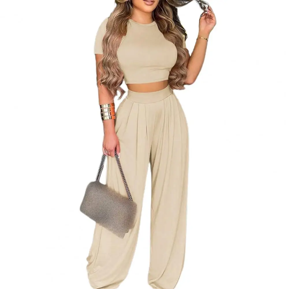 

Breathable Sweet Solid Color Wide Legs Pants Suit Short-Top Women Suit Short-Sleeve for Daily Wear