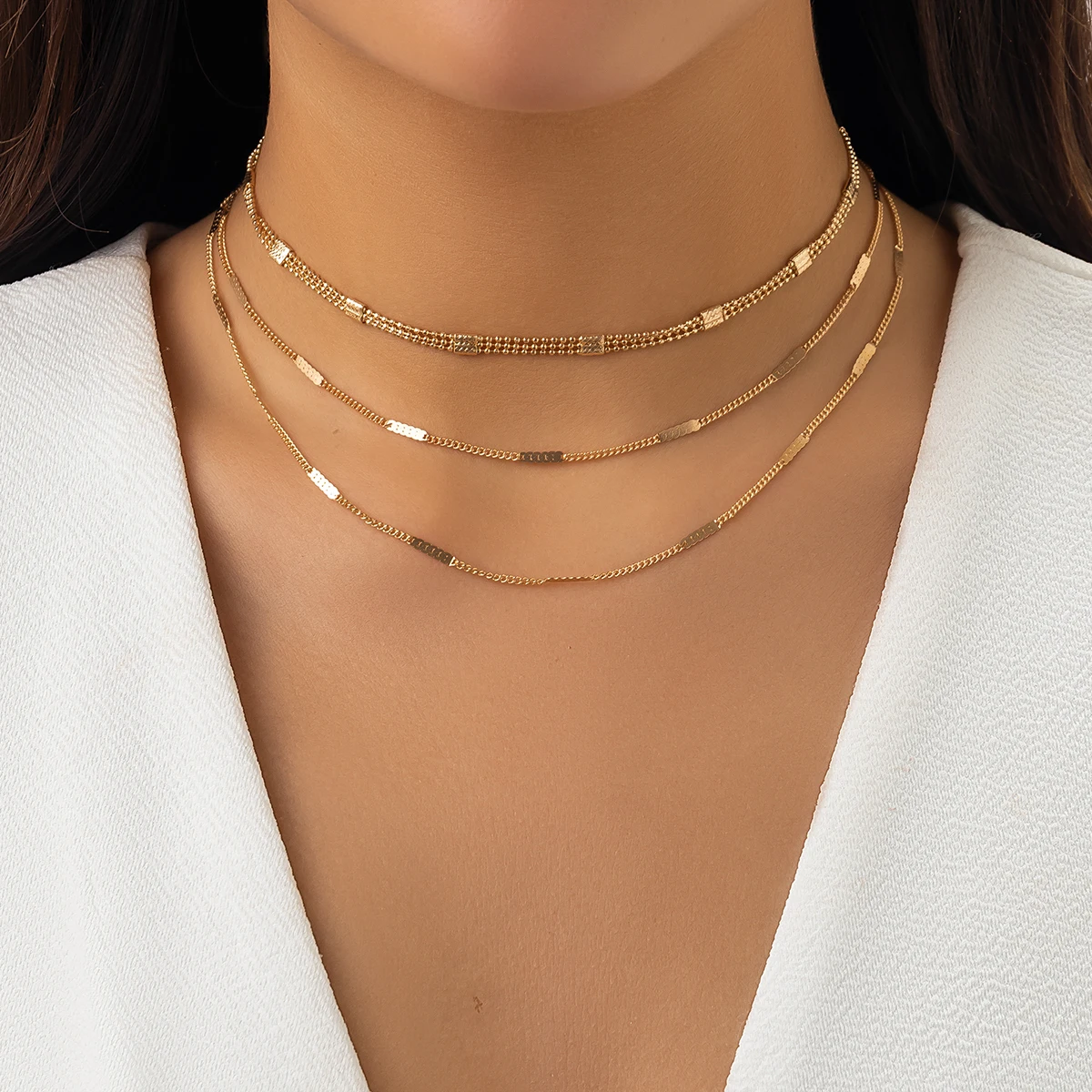 

PuRui Multilayer Metal Gold Color Link Necklace Choker for Women Jewelry Fashion Simple Tiny Beads Neck Chain Gifts Accessories