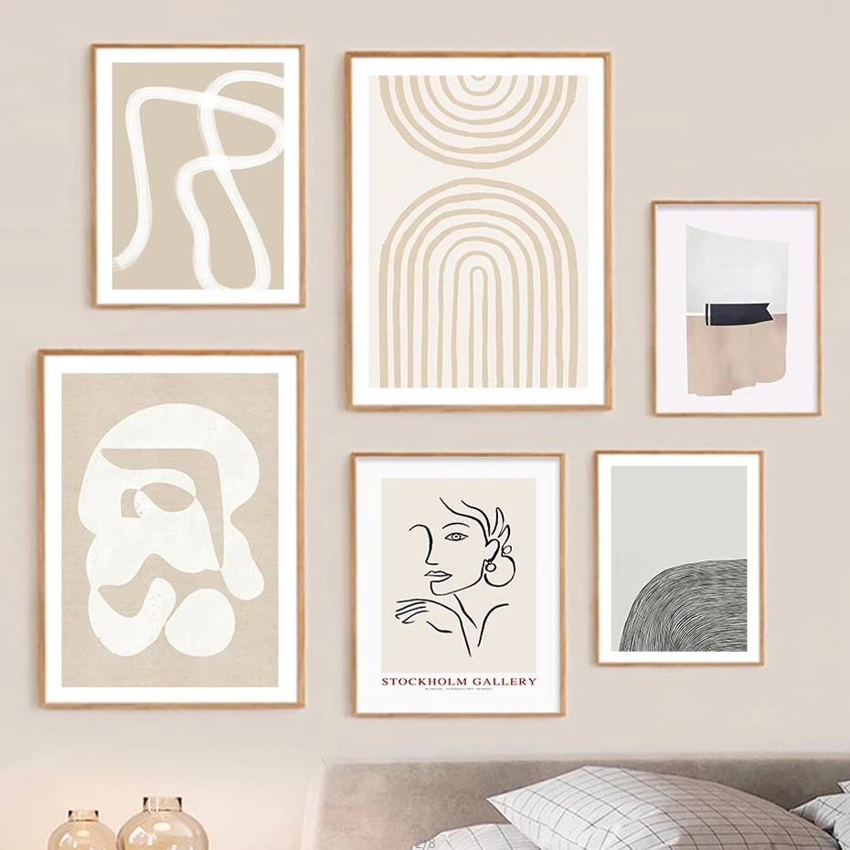 

Абстрактная бежевая Геометрическая линия плакат минималистский холст печать картины настенное искусство картины Интерьер для гостиной до...