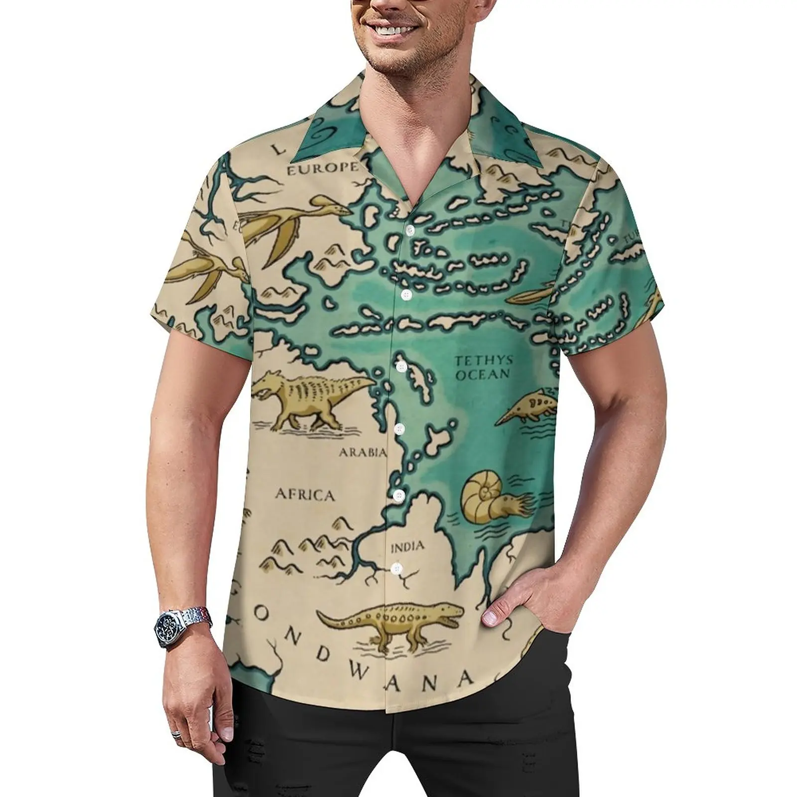

Vintage Map Vacation Shirt Supercontinent Pangaea Hawaii Casual Shirts Men Vintage Blouses Short Sleeve Design Top Plus Size