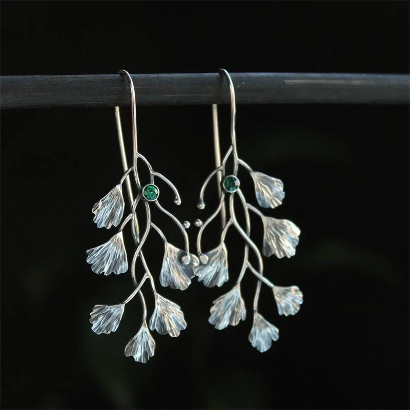 

Ethnic Silver Color Metal Leaf Hook Earrings For Women Vintage Round Inlaid Green Zircon Long Personality Dangle Drop Earring