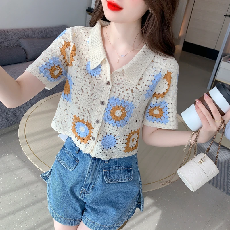 

Knitted Women's Blouse Summer Printing Shirt Slim Fit Short Sleeve Casual Fashion Female 2022 Top New Korean Style Clothing