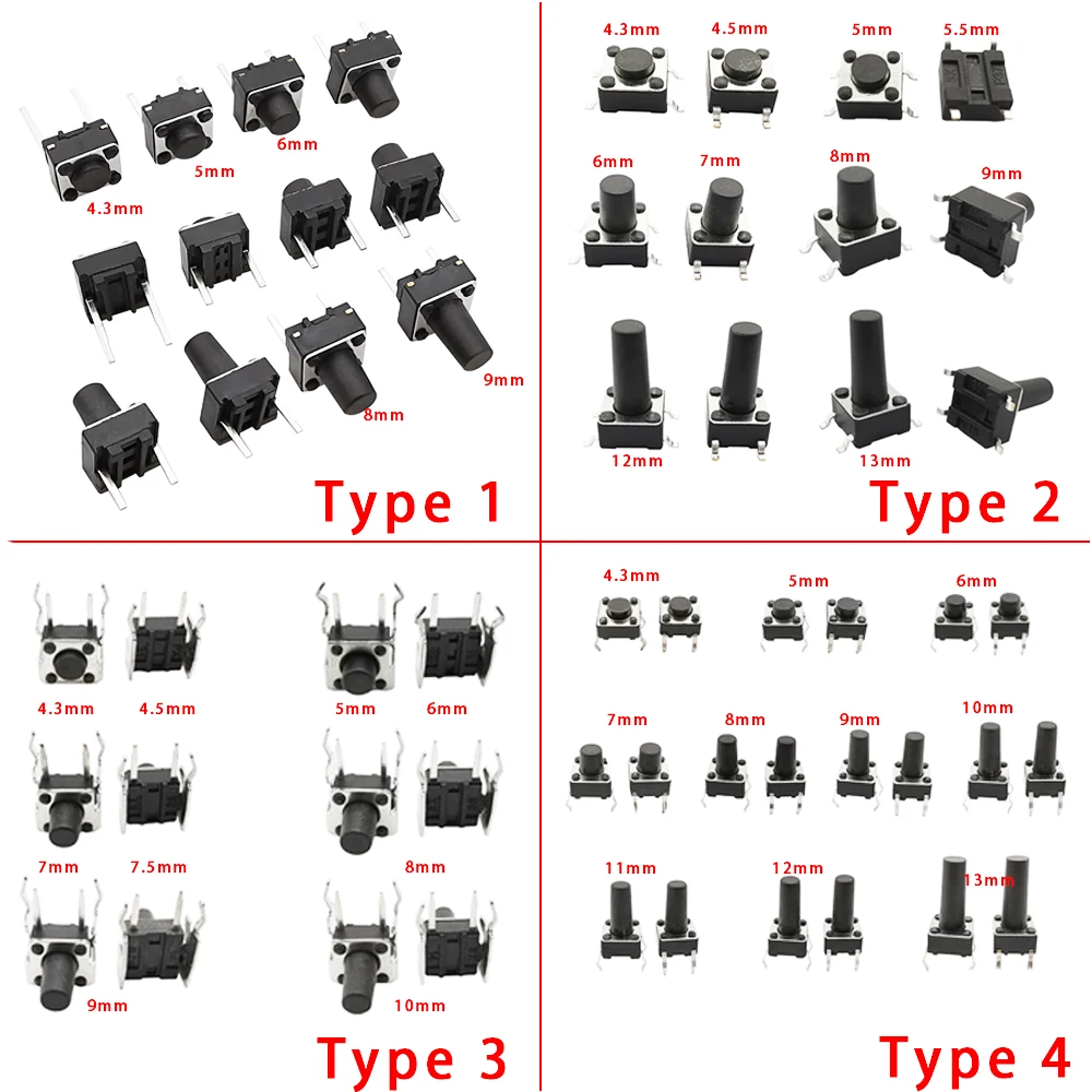 50Pcs/Lot 6x6mm Micro Tactile Switch 6*6*4.3/5/6/7/8/9/10/11/12/13mm DIP SMT Push Button Key Switch Mini Self-reset PCB Switches images - 6