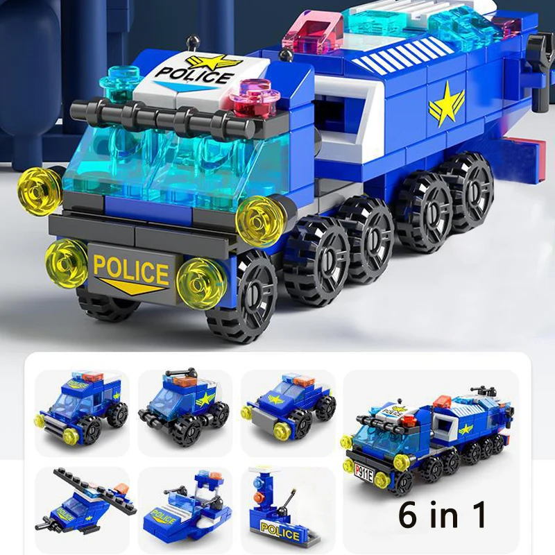 

6IN1 City Fire Car Police Truck Engineering Crane Building Blocks Tank Helicopter Bricks Set Toys for Children Kids