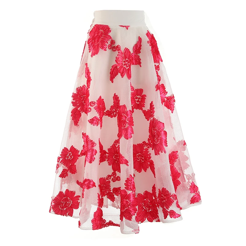 

PHOEBE HZ 2023 England Style Vintage Embroidery Midi Skirt Women A Line Casual Slimming Mesh Umberella Skirt Female Office Lady