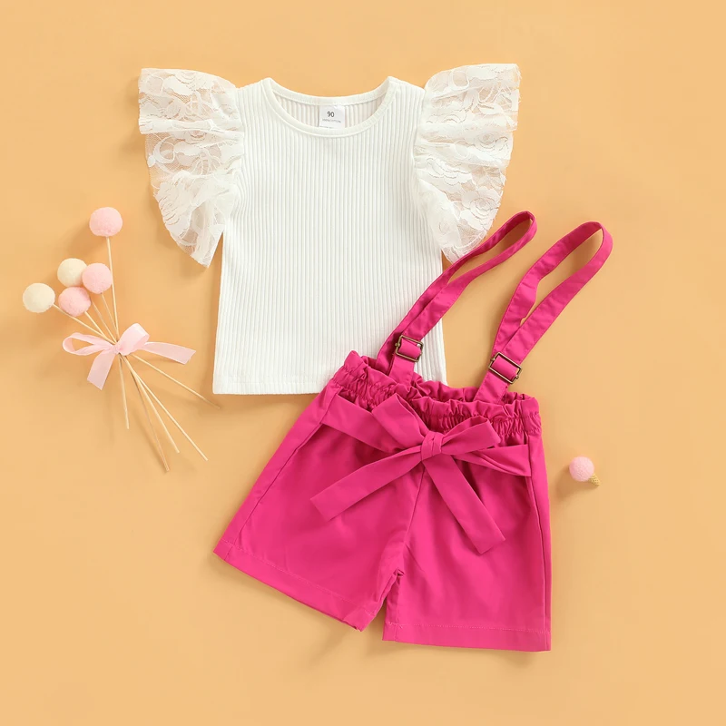 

2-7Y Kids Girls Summer Clothes Sets 2022 New Baby Lace Short Sleeve Tops + Suspender Short Pants Overalls Children Casual Outfit