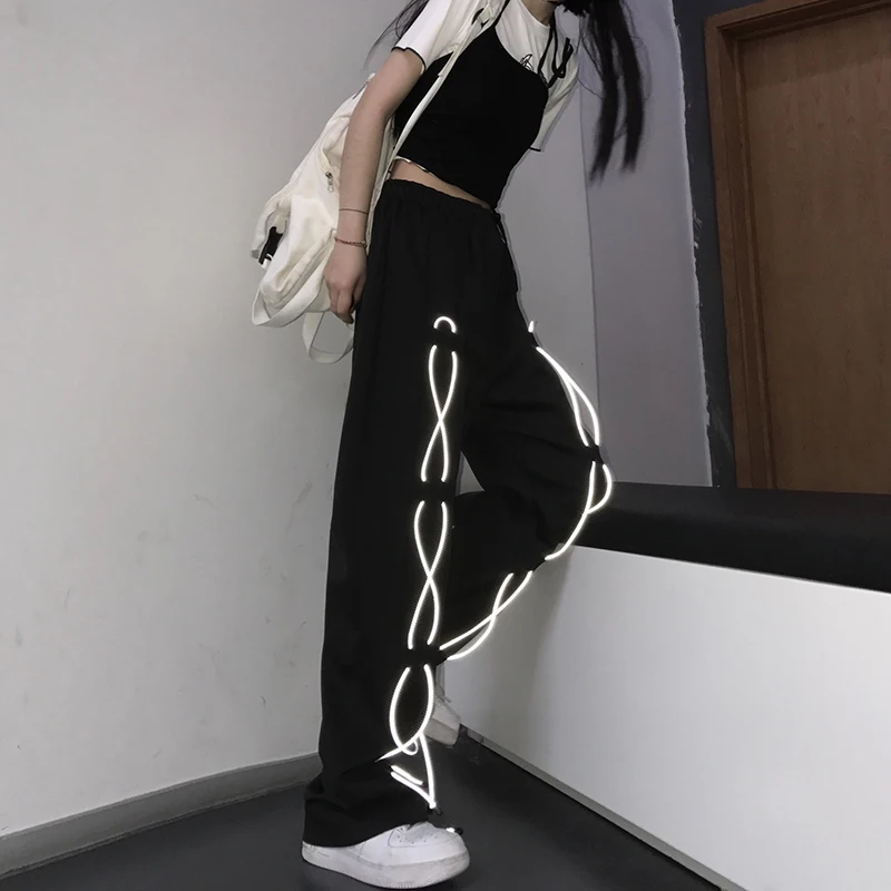 

Summer BF Style Reflective Drawstring Loose Straight Leg Pants Wide Leg Trousers