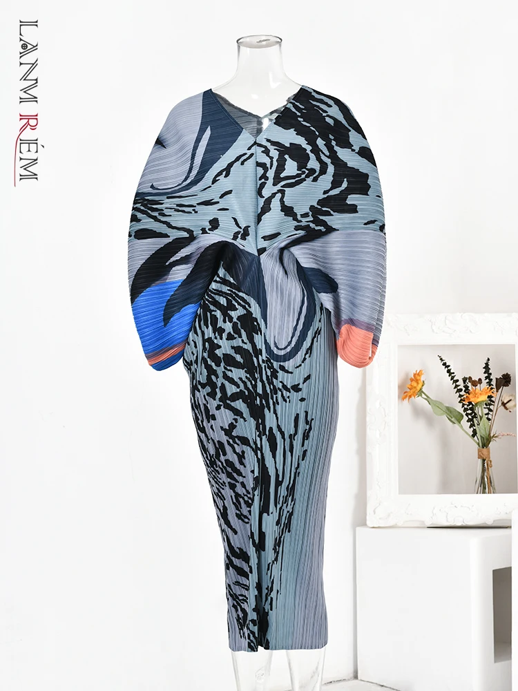 

LANMREM Fashion Printed Pleated Dress For Women V Neck Batwing Sleeves Maxi Dresses Female Elegant Wedding Party Clothes 2Ra7539