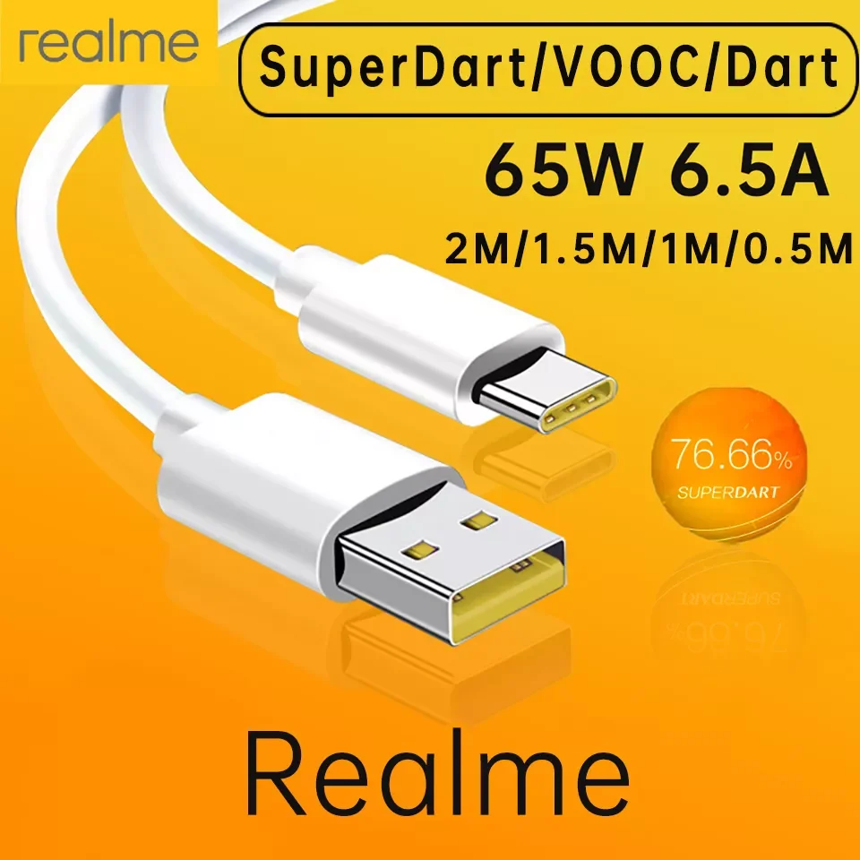 

Original Type C Cable Phone Cables 65w 50W 6.5A Super Fast Charge Super Dart Vooc Real Me 7 pro 8 8i 9pro 9i 6 X50 GT GT2