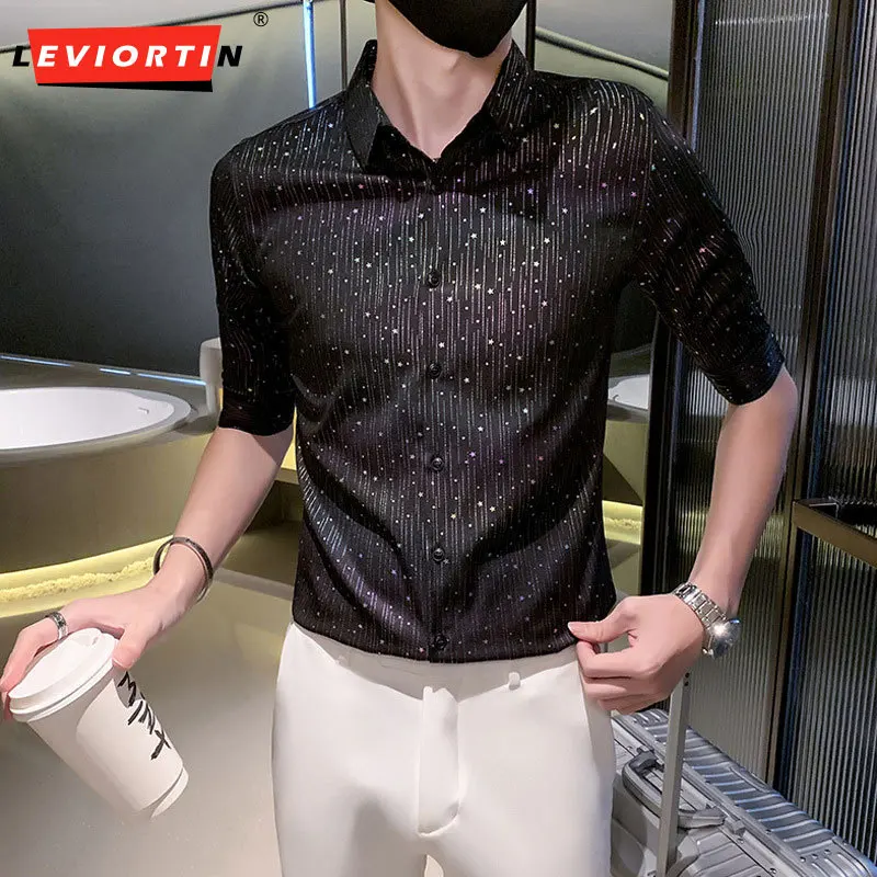 

Summer Fashion Colorful Gilding Half Sleeve Shirts For Men Clothing 2023 Slim Fit Casual Club/Prom Tuxedo Blouse Homme All Match
