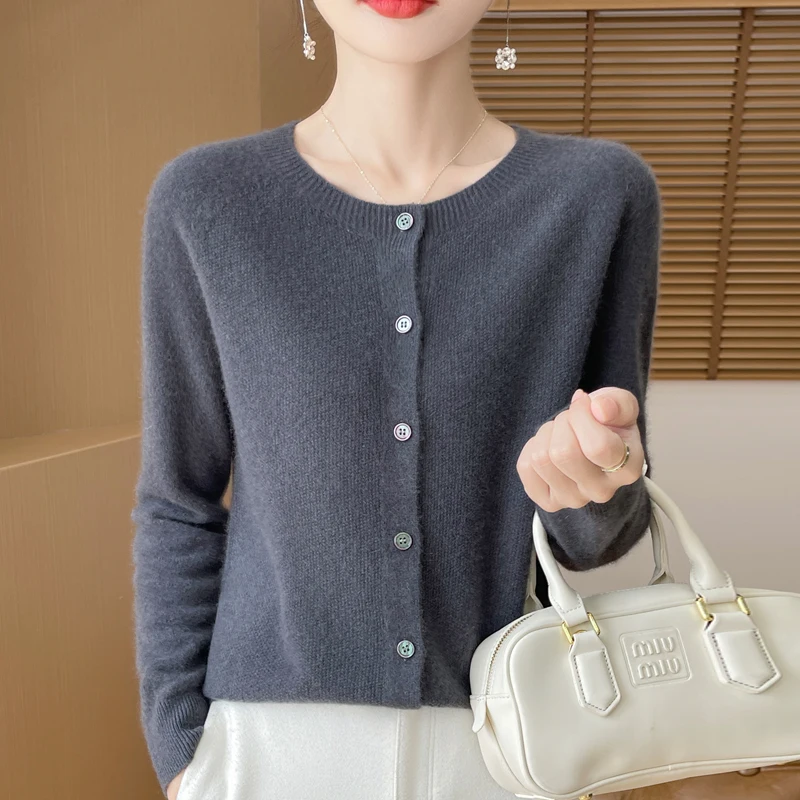 Бесшовный женский кардиган из 100% австралийской шерсти с круглым вырезом