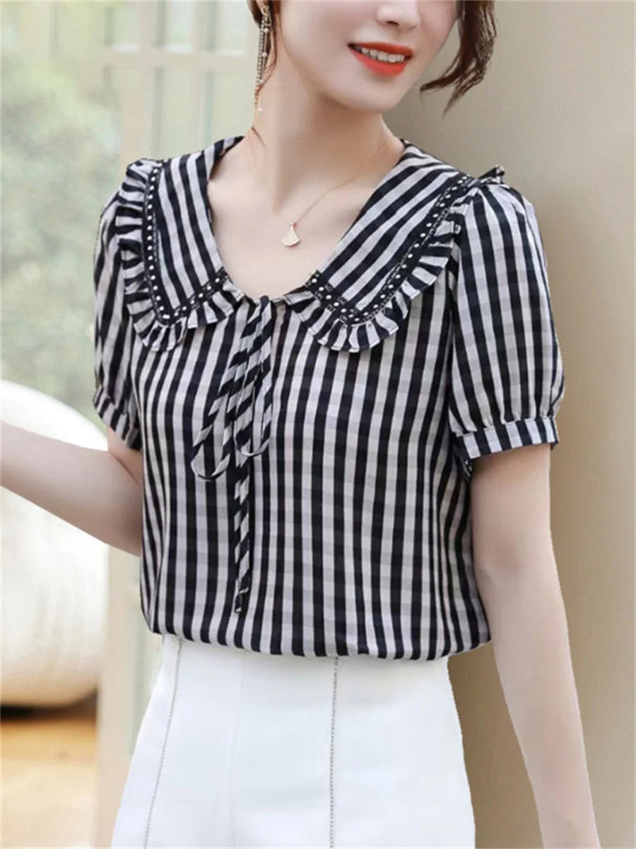 Блузка женская с коротким рукавом и отложным воротником на весну/лето TT02536