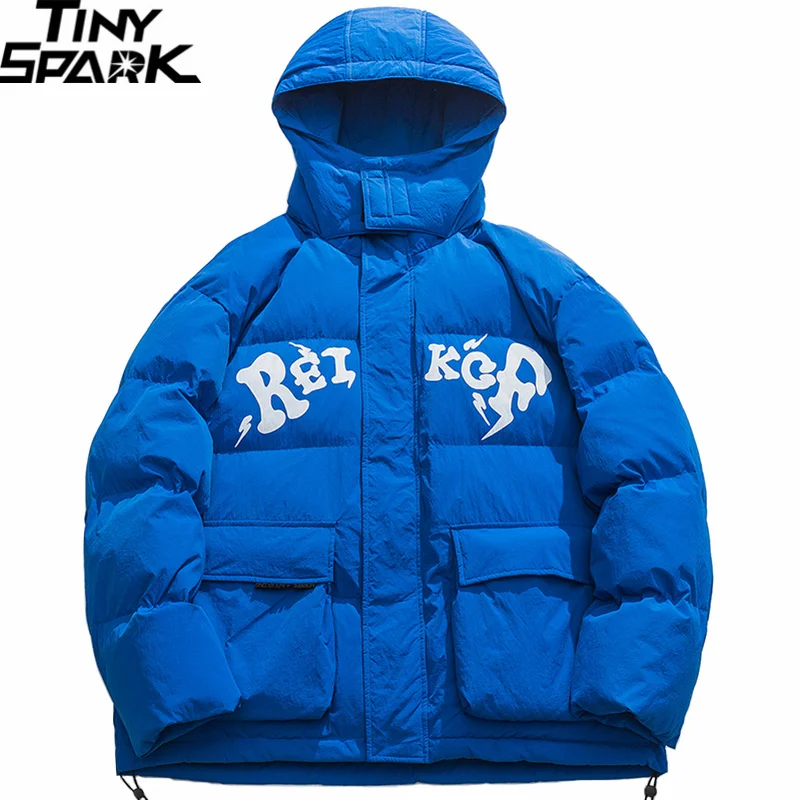 

Men Blue Hooded Jacket Parka Streetwear Letter Graphic Harajuku Padded Jacket 2022 Winter Cotton Windbreaker Warm Ourwear
