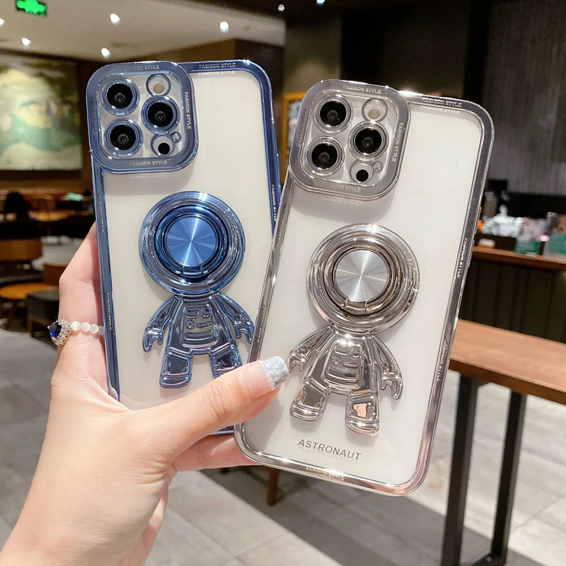 

Luxury Phone Case For iPhone 13 12 11 Pro Max X XR XS Max 7 8Plus Plating Soft Silicone Astronaut Bracket Ring Holder Back Cover