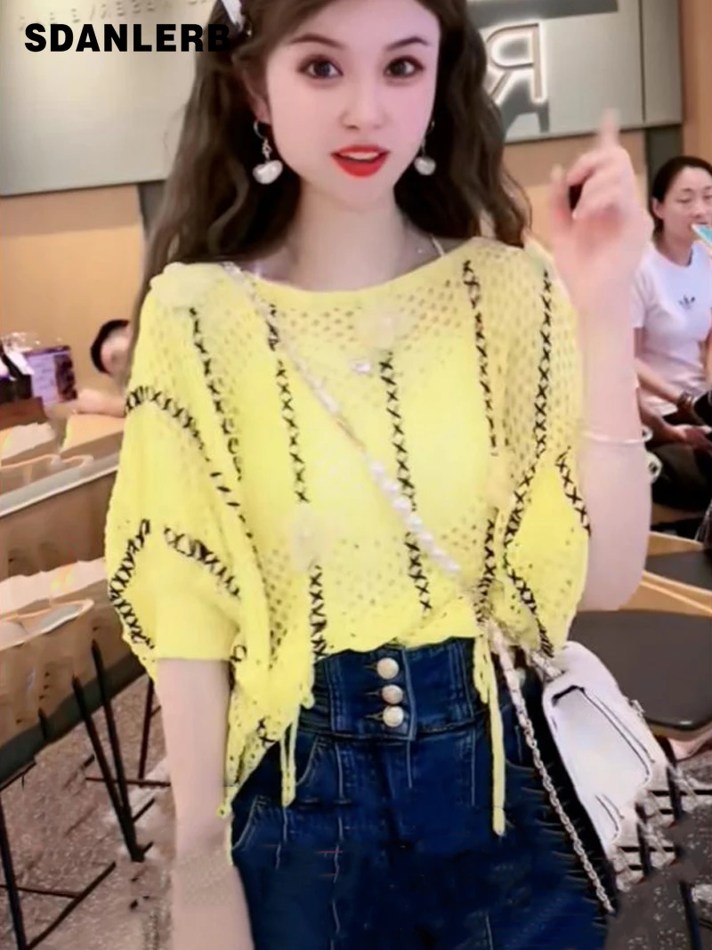 

Thin Hollow Ice Silk Short Sleeve T-shirt Women's Loose Slimming Knitted Off-Shoulder Hollow Drawstring Flower Summer Tops