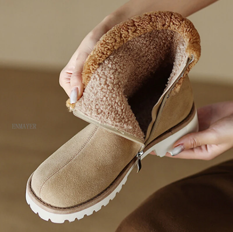 

ENMAYER 2023 New Zipper Thick Plush Snow Boots Ladies Platform Ankle Boots Genuine Leather Warm Winter Boots