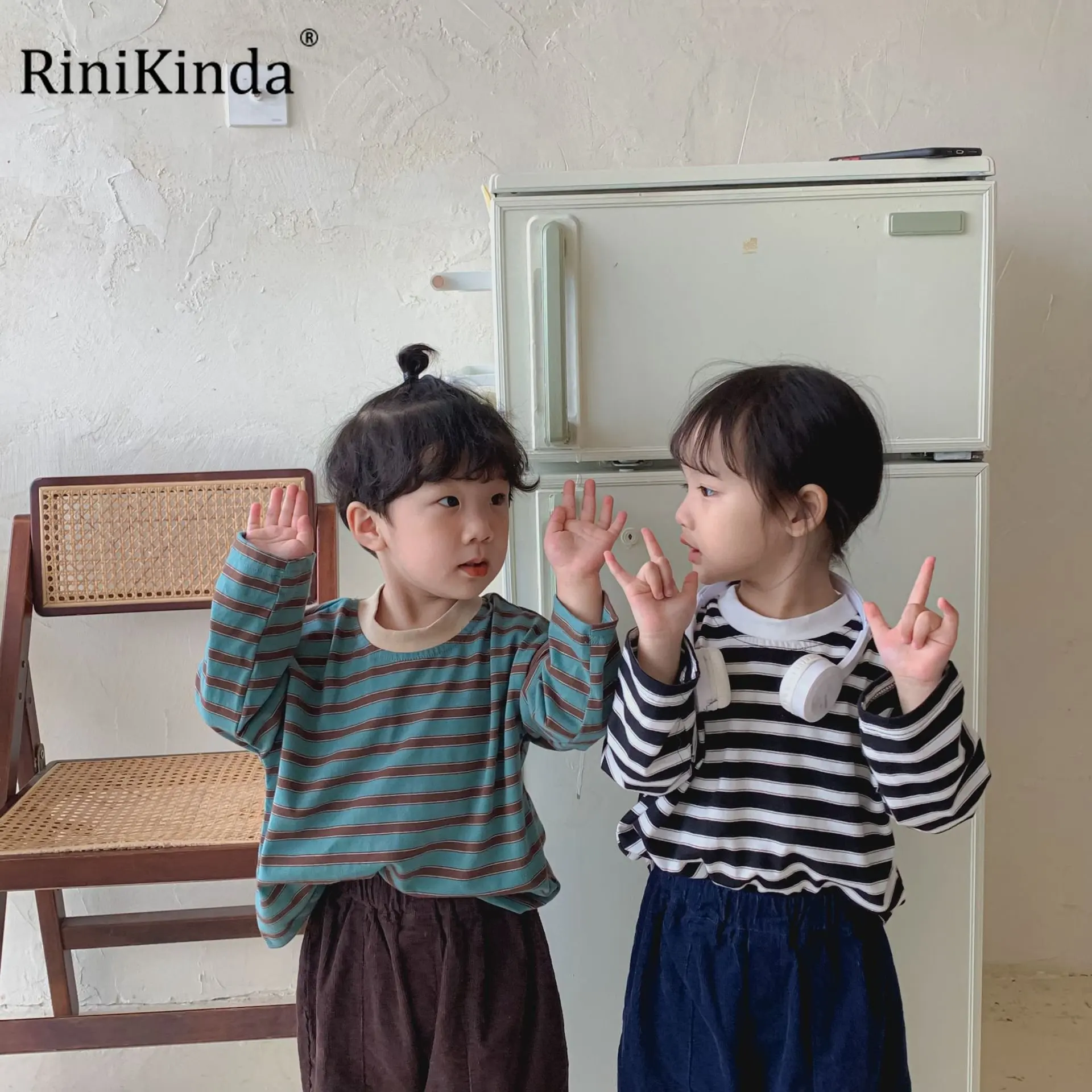 

RiniKinda Autumn Kids Clothing T Shirts O Neck Girls Boys Cotton Children Shirt Baby Toddler Tops Stripe Long Sleeves Clothes