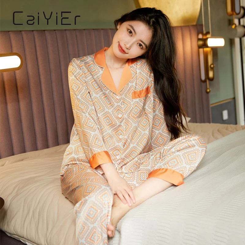 

CAIYIER Autumn Winter Senior Grid Nightwear Silk Pajamas Women's Long-sleeved Sleepwear Suit Two Piece Loungewear Female Homewea