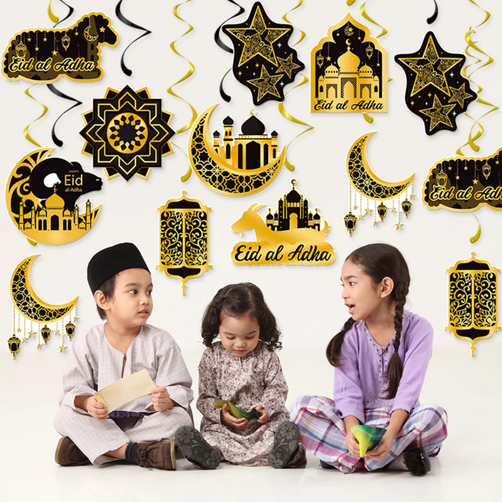 

9PCS Black and Gold Eid Paper Moon Castle Spiral Pendant Islamic Muslim Holiday Party Decorations Eid Gift Pendant