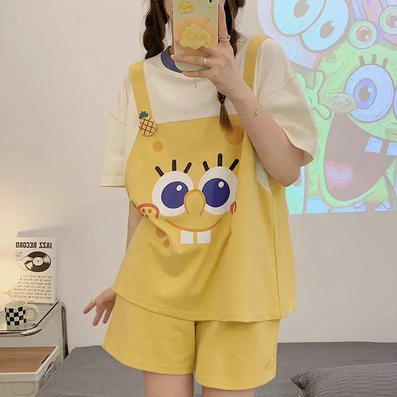 

Kawaii Spongebob Short Sleeve Pajamas Suit Cartoon Cute Cotton Pajamas Thin Pajamas Short Sleeve Shorts Set Loungewear Gift