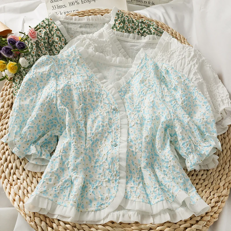 

Sweet fresh pleated print V-neck puff sleeve blouse women summer mesh stitching wood ear cardigan tops