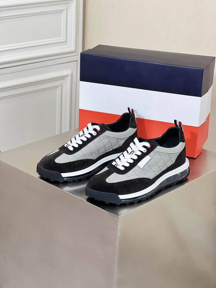 

TB THOM Shoes Men Cow Leather Sneakers Patchwork Air Cushion Design Sneakers Lace Up Summer Gray Casual Plaid TB Shoes Male